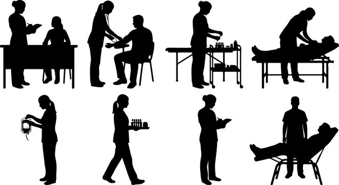 Medical staff silhouettes performing various healthcare procedures vector illustration