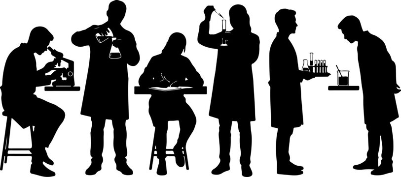 Silhouettes of scientists working in a laboratory setting vector illustration