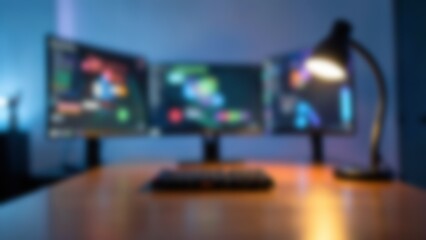 Obraz premium Blurred Modern Triple Monitor AI Workstation for Technology Website