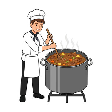 Professional Chef Cooking Hearty Beef Stew in a Large Metal Pot for Restaurant Catering