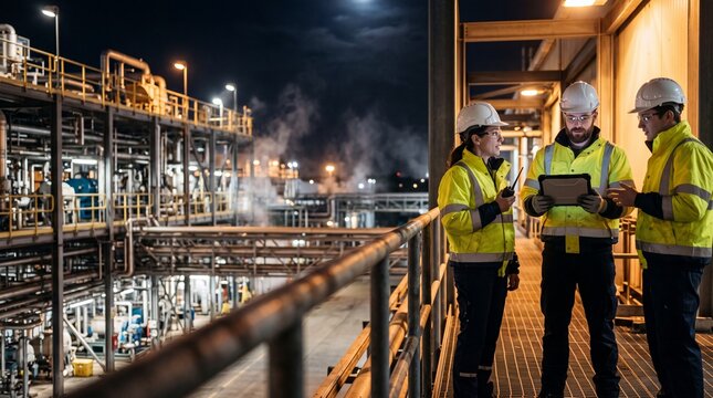 Night Shift at the Plant: Three engineers in safety gear confer on a walkway within an industrial plant at night, illuminated by artificial lights and the moonlight above.