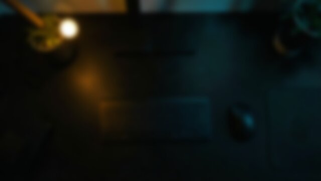 Top Down Flat Lay Dark Computer Desk for Tech Website Banner