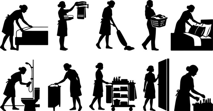 Set of silhouettes of a maid performing various housekeeping tasks vector illustration