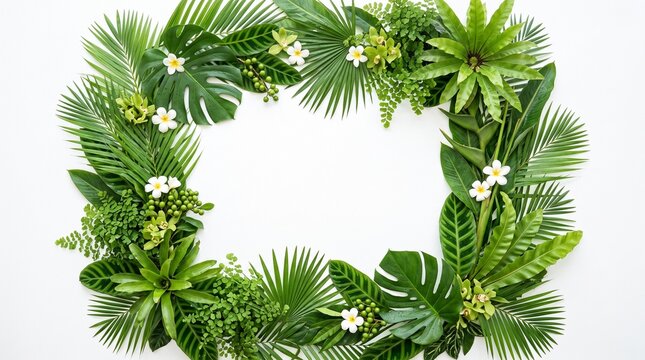 A beautiful rectangular frame made of lush tropical green leaves and white flowers isolated on a white background