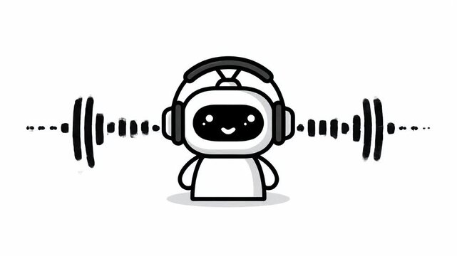 Cute robot character wearing headphones with sound waves.