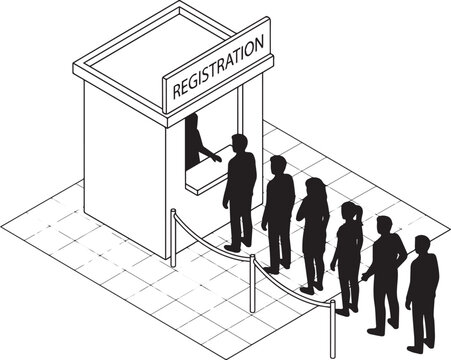 Isometric illustration of a registration booth with a queue of people us midterm elections