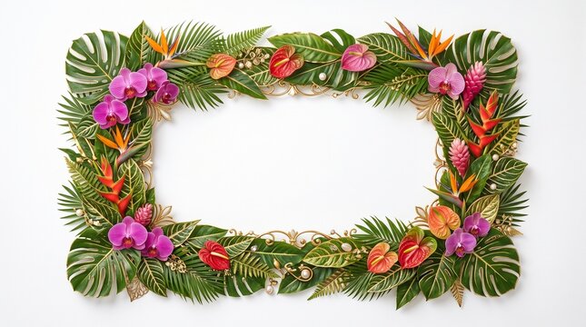 A beautiful rectangular frame made of vibrant tropical flowers and lush green palm leaves on white background