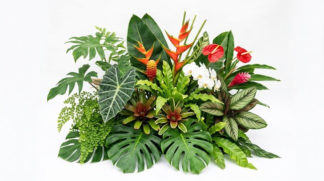 A lush arrangement of tropical plants and vibrant exotic flowers isolated on a clean white studio background setting