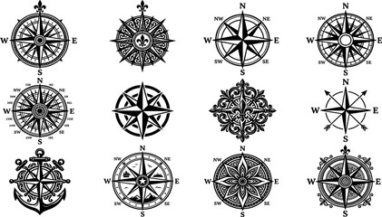 Vintage nautical compass rose vector set featuring ornate wind rose navigation icons anchors and fleur de lis heraldic cartography elements © MDSOHAG