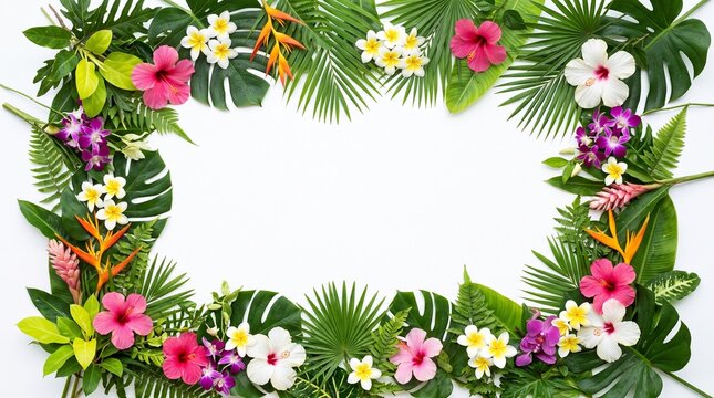 A beautiful rectangular frame made of vibrant tropical flowers and lush green palm leaves on white background space