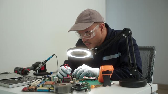 Electronics technician repairing a printed circuit board in a modern repair lab. PCB diagnostics, soldering electronic maintenance, right to repair. Sustainable technology and skilled technician.
