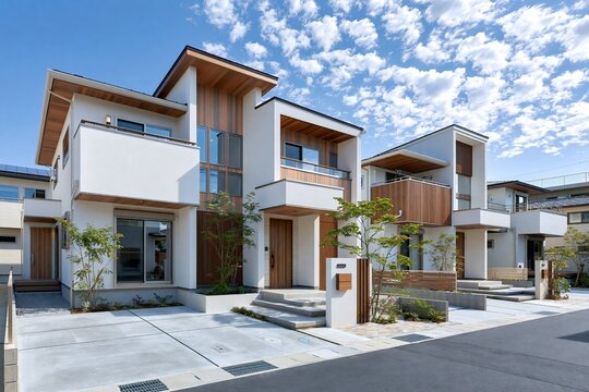 晴天の青空が広がるモダンな新築戸建て外観の美しい住宅街