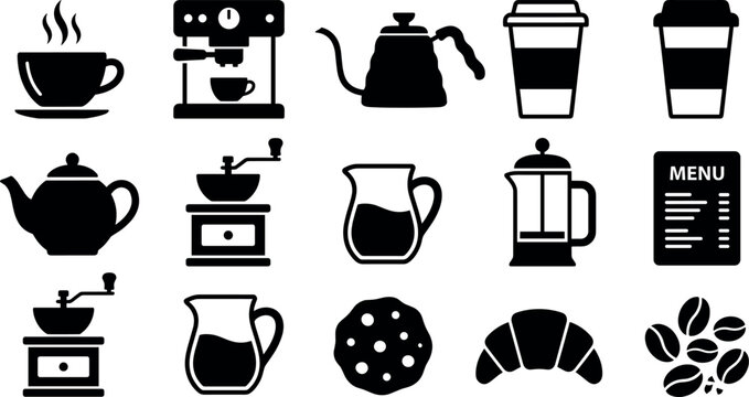Coffee shop and cafe icon vector set featuring black silhouettes of espresso machine grinder kettle french press cups and bakery items