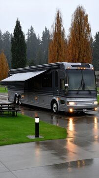 Modern motorhome parked in a campground with slide out and awning extended on a damp overcast day