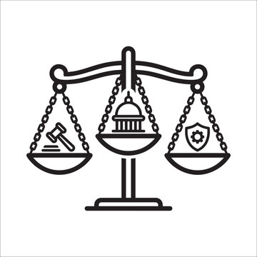 Icon of a balance scale with a gavel, government building, and shield with gear us midterm elections