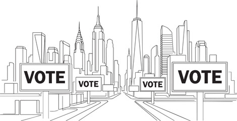 Fototapeta premium City skyline with vote billboards along the street line art illustration us midterm elections
