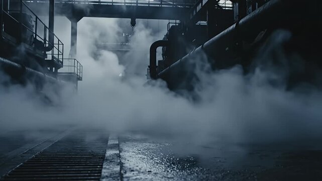 Foggy dark industrial factory hallway with pipes.