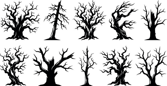 Spooky dead tree vector set featuring black silhouettes of creepy bare branches for Halloween and horror graphic designs