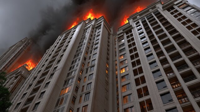 Dramatic view of a high rise residential building on fire with flames and smoke against a cloudy sky during the late afternoon