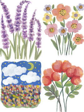 Colorful flowers and colorful flower field with blue sky hand drawn watercolor