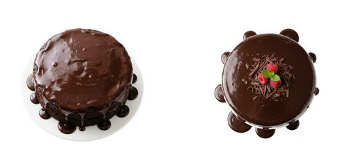 Fototapeta premium Top view of two chocolate cakes with ganache glaze, one with raspberry garnish, isolated on transparent background
