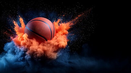 Fototapeta premium Basketball Dramatic Sports Wallpaper Basketball Exploding Through Vibrant Orange and Blue Smoke on Dark Background Representing Powerful Sports Action and Energy