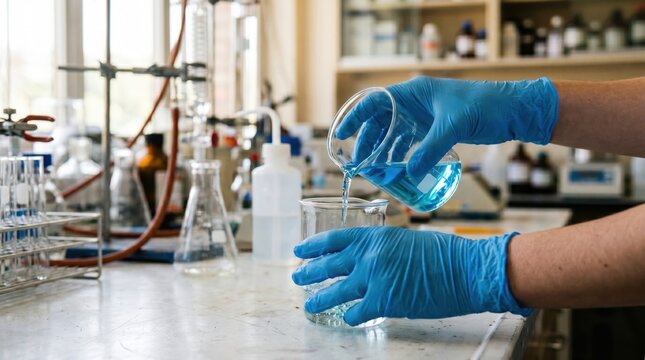 Close-up of blue nitrile-gloved hands handling laboratory equipment. Medical professional performing scientific experiment with precision and care.