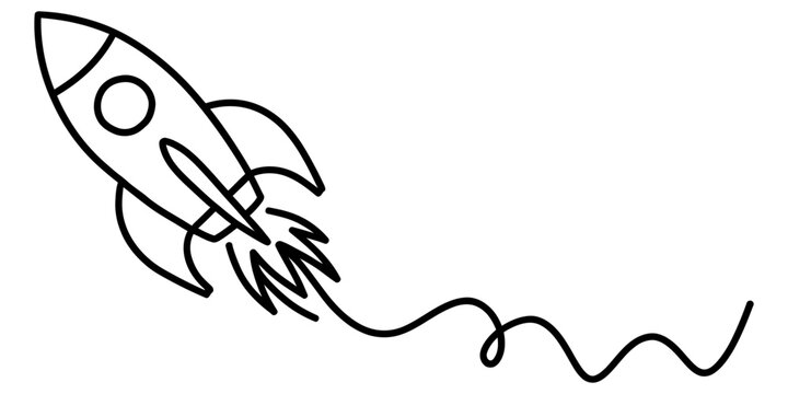 A simple black line art drawing of a spaceship rocket ship flying up into the air leaving a wavy smoke trail behind Vector, illustration