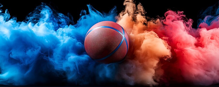 Vibrant Basketball with Colorful Smoke Background, Colorful basketball ball explosion