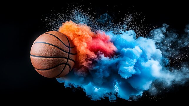 Dynamic Basketball Motion with Colorful Smoke Blast, Colorful basketball ball explosion