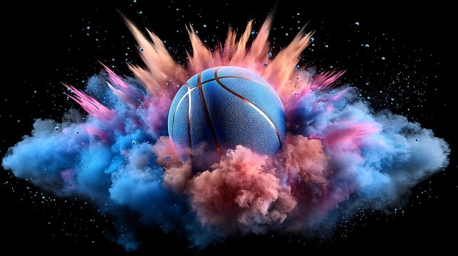 Dynamic Basketball with Colorful Smoke Explosion, Colorful basketball ball explosion