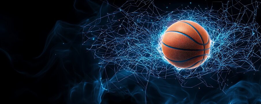 Dynamic Basketball Motion in Futuristic Background, Colorful basketball ball explosion