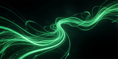 Fototapeta premium Abstract Green Light Wave Background. Glowing flowing energy trails with luminous abstract motion. Futuristic backdrop for technology branding