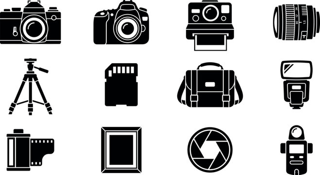 Photography equipment icon vector set featuring black silhouettes of dslr camera lens tripod flash memory card and polaroid templates