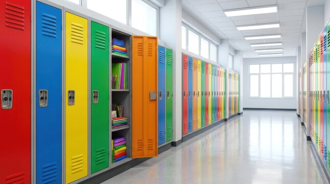 Colorful school lockers in hallway. Bright educational environment with open lockers, vibrant colors, and natural light, ideal for school or studen...
