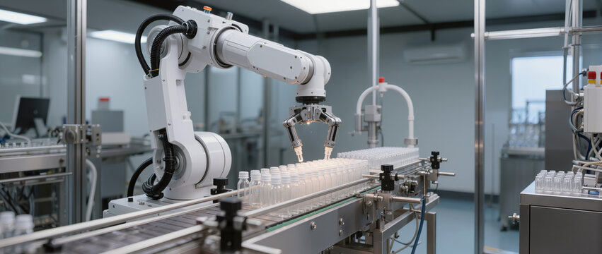 Pharmaceutical robot on production line in clean factory