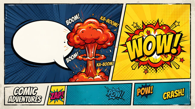 Comic book adventure page with explosion and empty speech bubble adventure explosion template background dramatic illustration colorful halftone creative cartoonish comicbook abstract