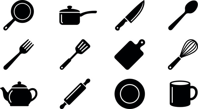 Kitchenware and cooking utensil icon vector set featuring black silhouettes of frying pan pot chef knife spatula and plate