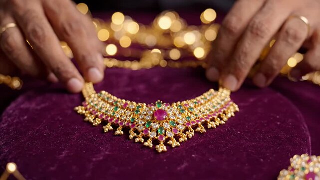 Hands holding ornate gold necklace with pink and green gems.