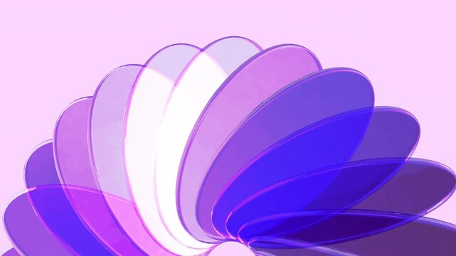 Purple translucent glass circles arranged in a rotating radial composition. Modern transparent crystal layers with soft light refraction and dreamy gradient reflections on transparent background