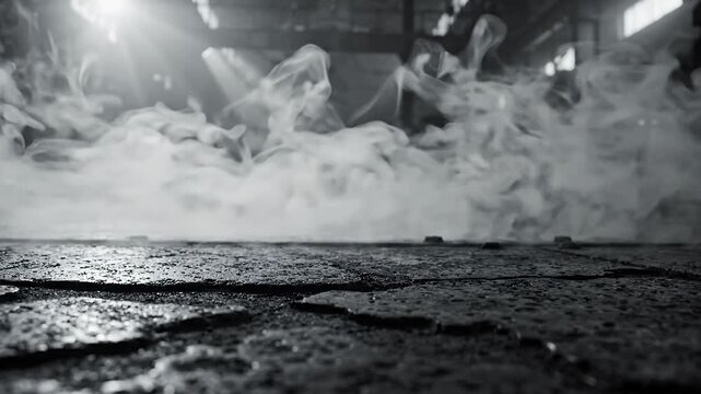 Heavy white fog rolling over cracked dark asphalt.