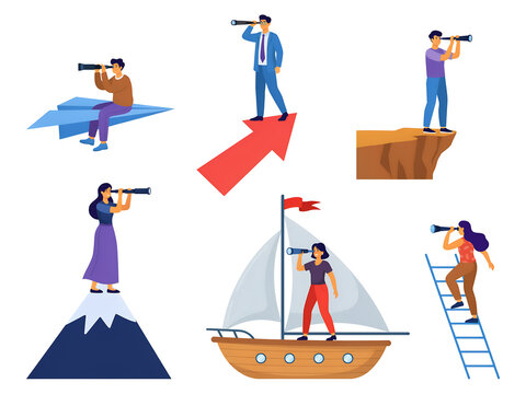 Collection of people looking through telescopes representing business search and visionary leadership concepts with telescope business leadership strategy planning opportunity management