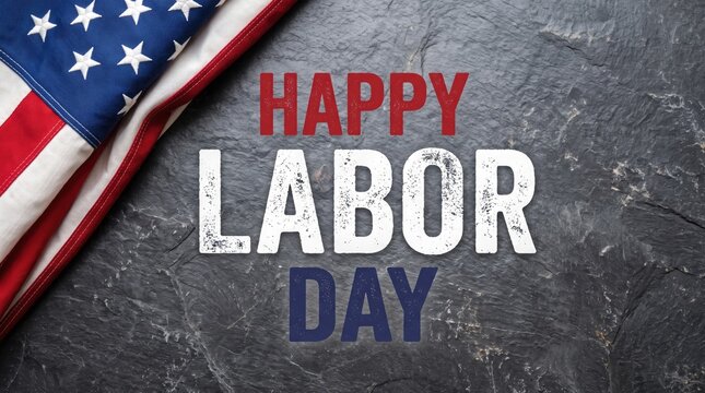 Happy labor day greeting with a united states flag on a dark textured stone background