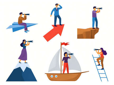 Set of diverse characters using telescopes to look for opportunities and visualize future goals in business with telescope business leadership strategy planning opportunity management discovery