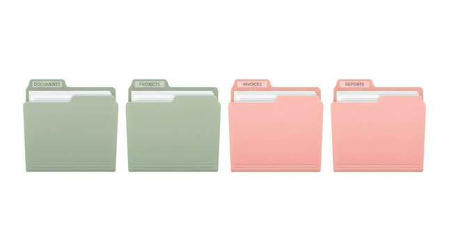 Set of four digital file folders in green and pink colors isolated on a white background