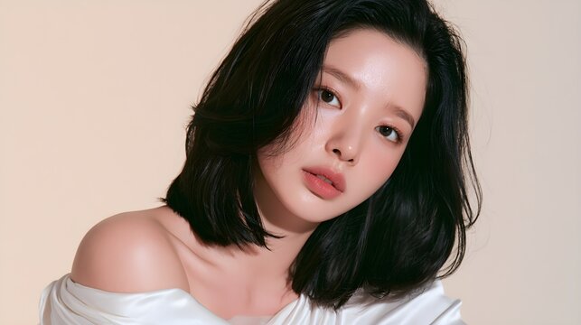 Elegant Asian woman with short black hair, beautiful young female model with soft makeup, professional beauty portrait for skincare and cosmetics isolated PNG with Transparent Background