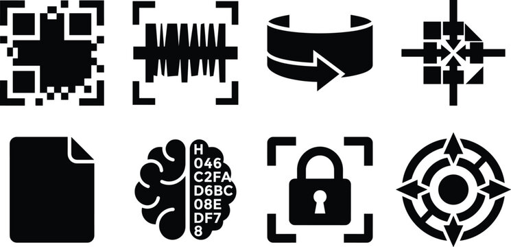 Digital technology black vector icon set featuring QR code scanner artificial intelligence brain and security padlock
