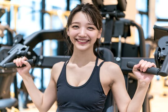 ジムでポジティブに筋トレを楽しむ笑顔の若い日本人女性