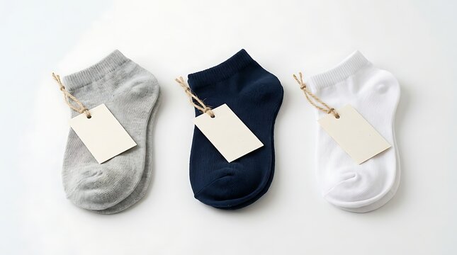 Three ankle socks with blank labels isolated on white background mockup