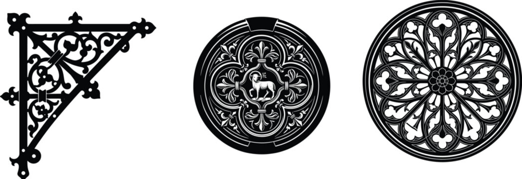 Gothic architecture black vector icon set featuring ornate rose windows and architectural corner bracket designs
